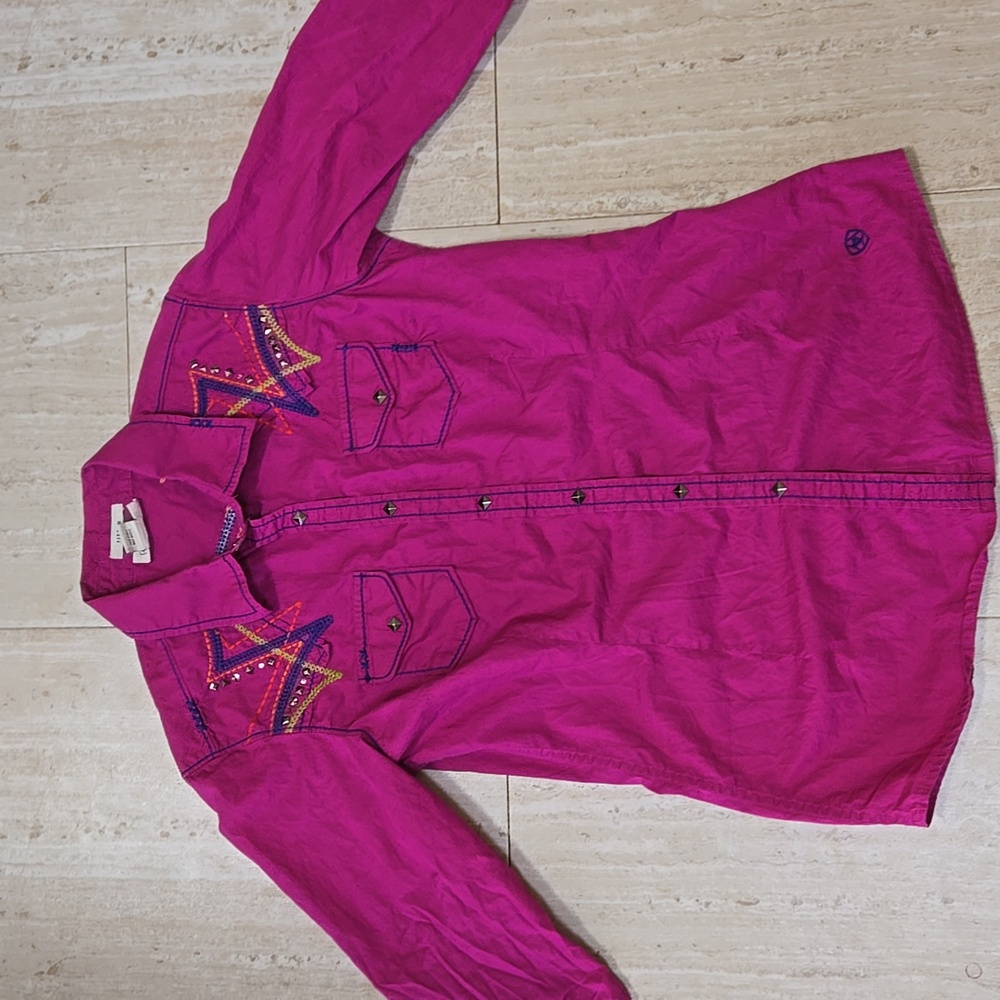 Ariat Fuschia Pink Front Snap 3/4 Length Sleeve Western Top